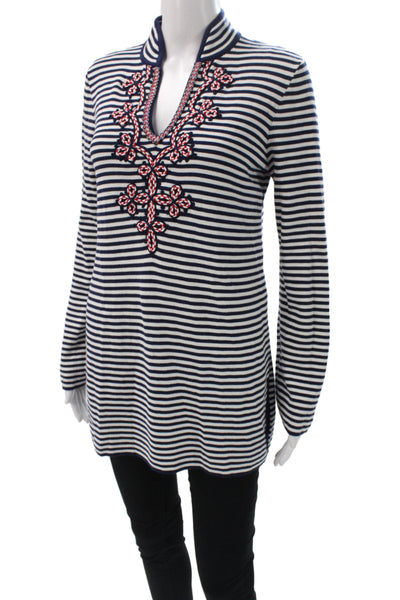 Tory Burch Womens Blue Striped V-Neck Tunic Long Sleeve Nautical Size S