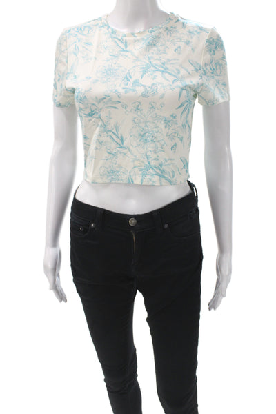 Alice + Olivia Womens Cropped Floral Crewneck T-Shirt Blue Short Sleeve Size L