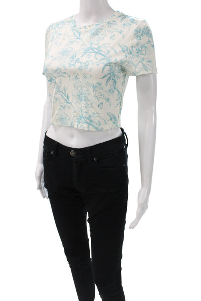 Alice + Olivia Womens Cropped Floral Crewneck T-Shirt Blue Short Sleeve Size L