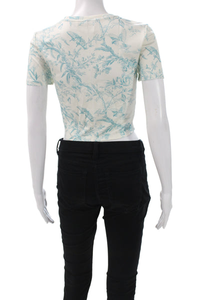 Alice + Olivia Womens Cropped Floral Crewneck T-Shirt Blue Short Sleeve Size L