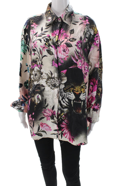 Roberto Cavalli Women Silk Animal Print Tunic Button-Up Long Sleeve Size 50