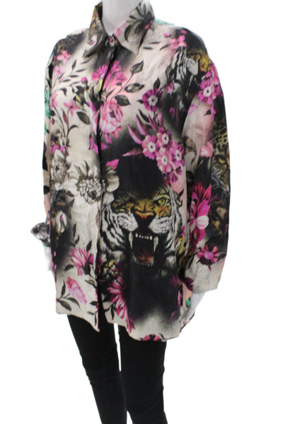Roberto Cavalli Women Silk Animal Print Tunic Button-Up Long Sleeve Size 50