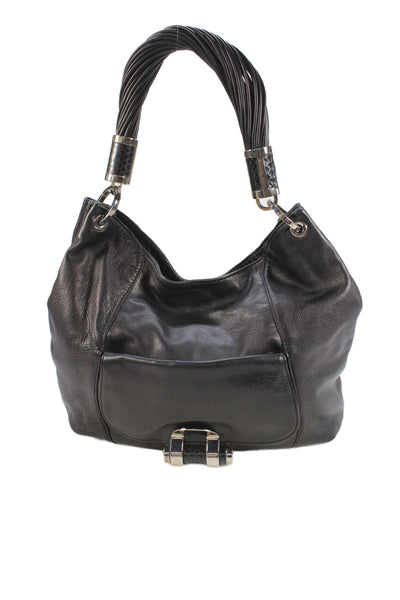 Michael Kors Womens Strappy Handle Pocket Front Leather Shoulder Handbag Black