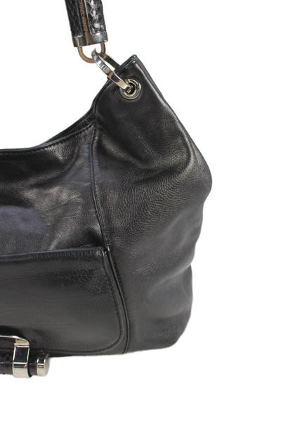 Michael Kors Womens Strappy Handle Pocket Front Leather Shoulder Handbag Black