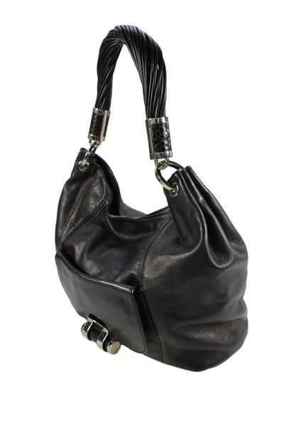 Michael Kors Womens Strappy Handle Pocket Front Leather Shoulder Handbag Black