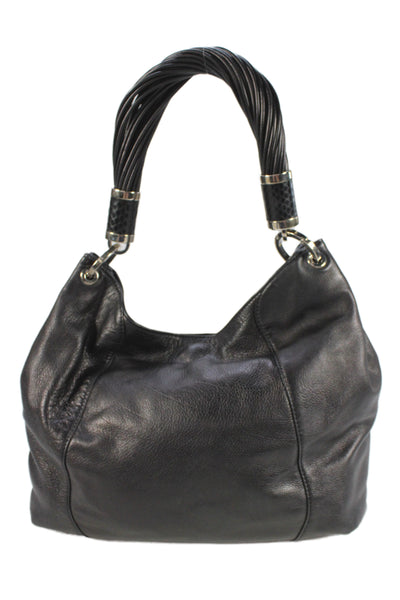 Michael Kors Womens Strappy Handle Pocket Front Leather Shoulder Handbag Black
