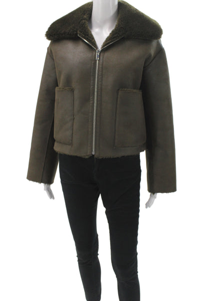 MNG Womens Biker Jacket Green Long Sleeve Polyester Zip Winter Size XS