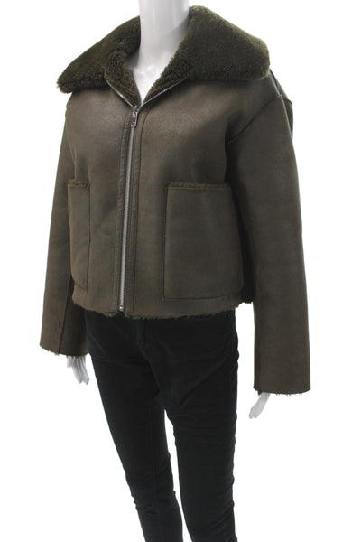 MNG Womens Biker Jacket Green Long Sleeve Polyester Zip Winter Size XS