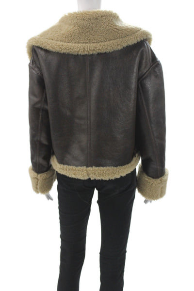Zara Womens Faux Leather Bomber Jacket Brown Zip Long Sleeve Size XS