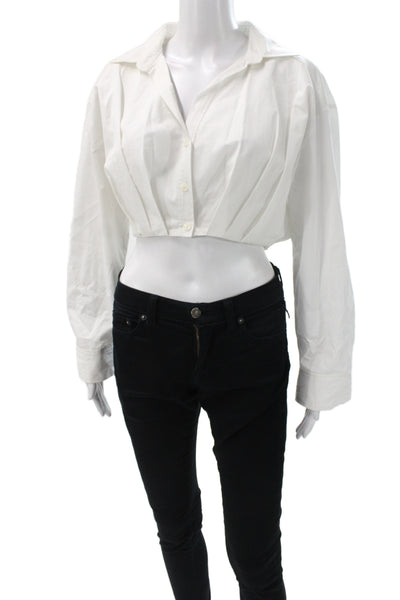 Zara Women Cropped Collared Button Up Long Sleeve 100% Cotton White Size S