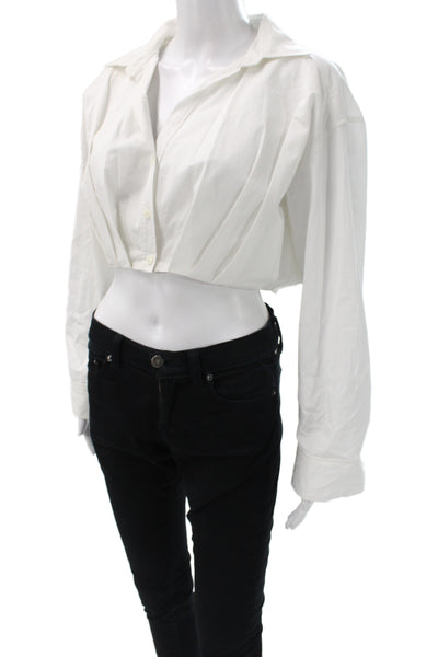 Zara Women Cropped Collared Button Up Long Sleeve 100% Cotton White Size S