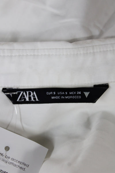 Zara Women Cropped Collared Button Up Long Sleeve 100% Cotton White Size S