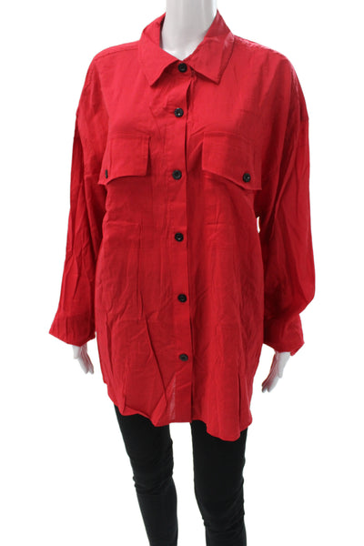 Weworewhat Women Red Collared Button-Up Long Sleeve Cotton Blouse Basic Size L