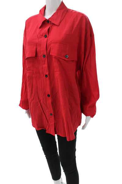 Weworewhat Women Red Collared Button-Up Long Sleeve Cotton Blouse Basic Size L