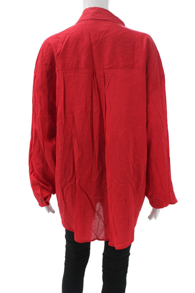Weworewhat Women Red Collared Button-Up Long Sleeve Cotton Blouse Basic Size L