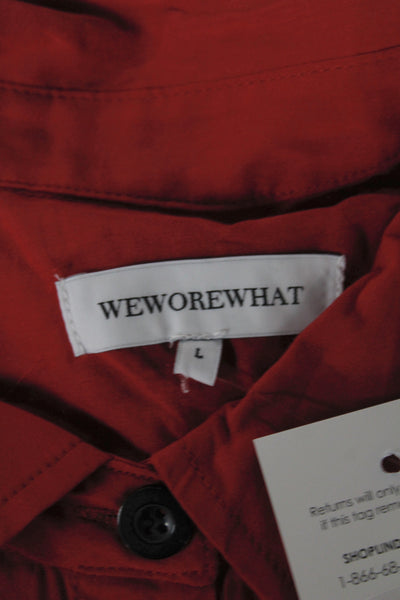 Weworewhat Women Red Collared Button-Up Long Sleeve Cotton Blouse Basic Size L