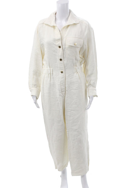 Sandro Women Jumpsuit Collared Long Sleeve Ivory Viscose Snap Closure Size S