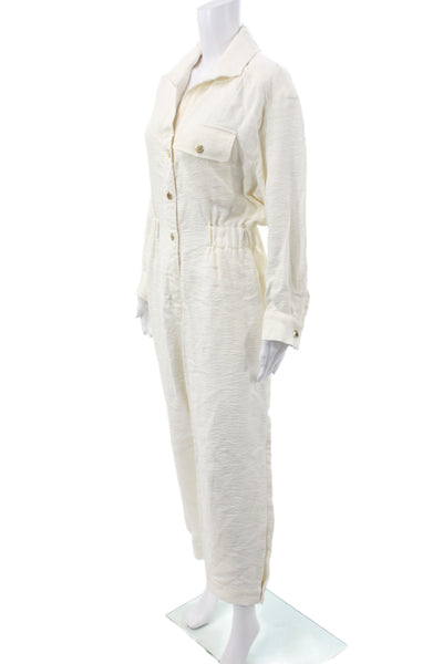 Sandro Women Jumpsuit Collared Long Sleeve Ivory Viscose Snap Closure Size S