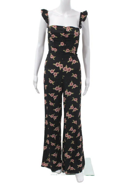 Flynn Skye Womens Black Floral Square Neck Sleeveless Jumpsuit Size S