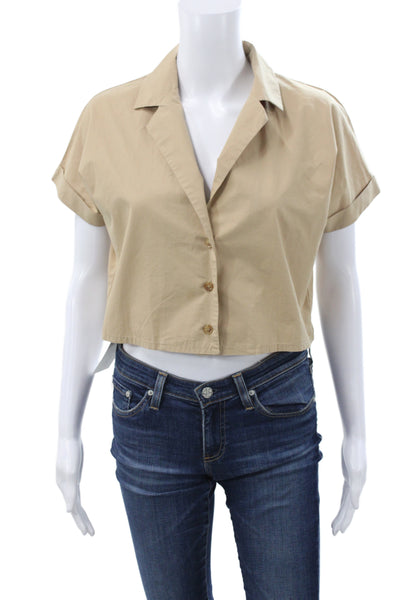 MNG Womens Cropped Collared Cotton Blouse Short Sleeve Beige Solid Size XS