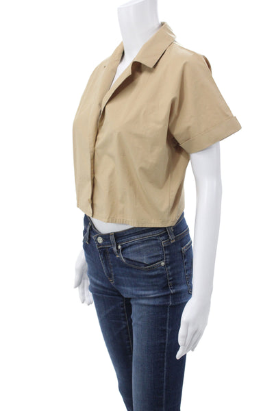 MNG Womens Cropped Collared Cotton Blouse Short Sleeve Beige Solid Size XS