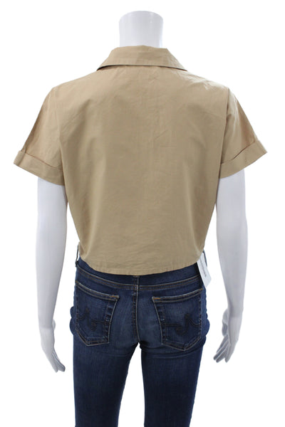 MNG Womens Cropped Collared Cotton Blouse Short Sleeve Beige Solid Size XS