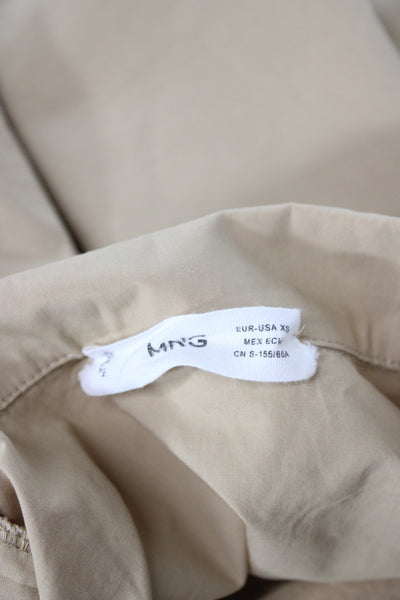 MNG Womens Cropped Collared Cotton Blouse Short Sleeve Beige Solid Size XS