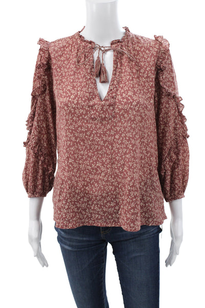 Ulla Johnson Womens Tunic Blouse Red Floral V Neck 3/4 Sleeve Cotton Size 0