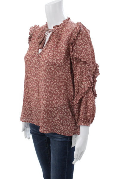 Ulla Johnson Womens Tunic Blouse Red Floral V Neck 3/4 Sleeve Cotton Size 0