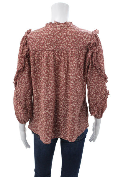 Ulla Johnson Womens Tunic Blouse Red Floral V Neck 3/4 Sleeve Cotton Size 0