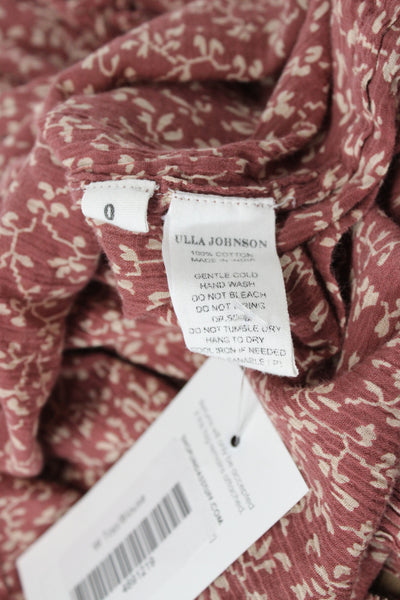 Ulla Johnson Womens Tunic Blouse Red Floral V Neck 3/4 Sleeve Cotton Size 0