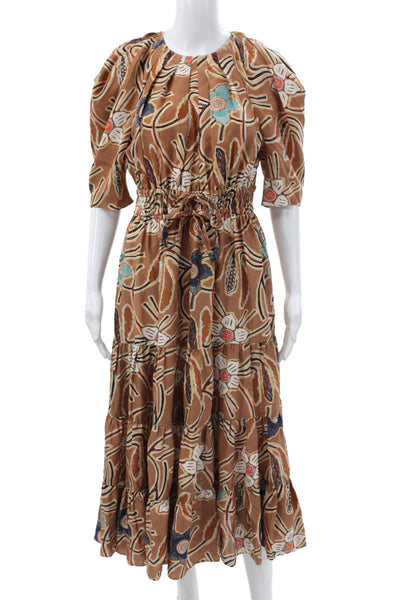 Ulla Johnson Women Silk Batik Maxi Dress Short Sleeve Brown Size 4