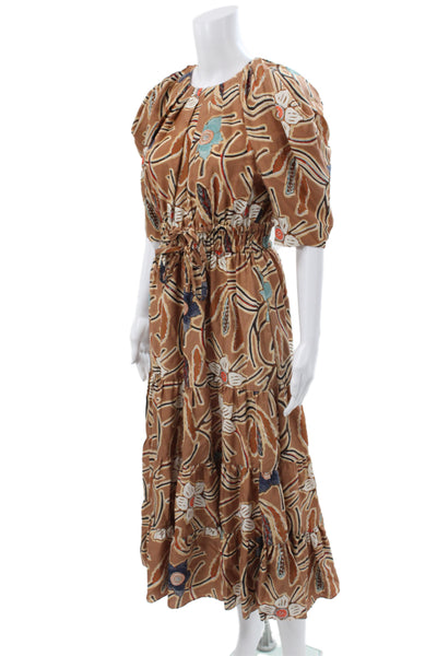 Ulla Johnson Women Silk Batik Maxi Dress Short Sleeve Brown Size 4