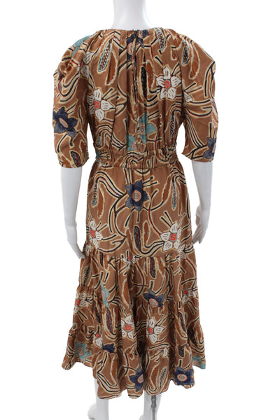 Ulla Johnson Women Silk Batik Maxi Dress Short Sleeve Brown Size 4