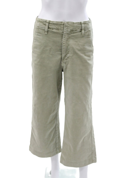 Amo Womens Cropped Pants Green Button 98% Cotton Casual Size 24