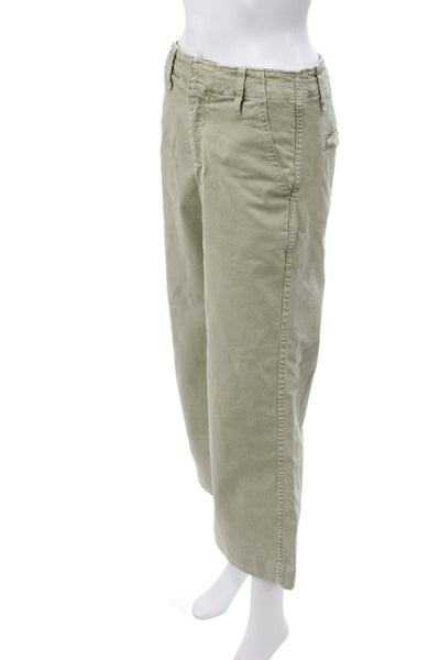 Amo Womens Cropped Pants Green Button 98% Cotton Casual Size 24