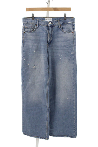 Zara Womens Wide Leg High Rise Blue Jeans Button Closure 100% Cotton Size 6
