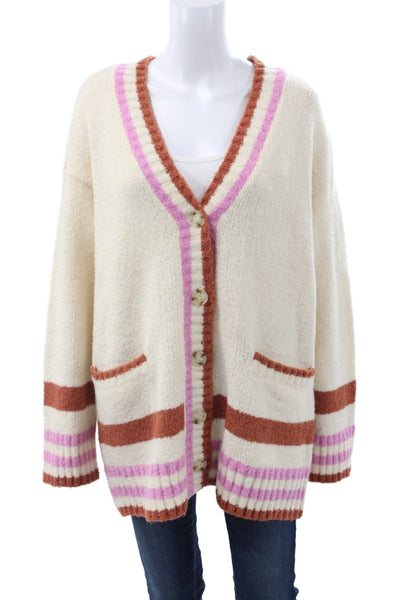 L Space Womens Cardigan Ivory Striped V-Neck Long Sleeve Size M