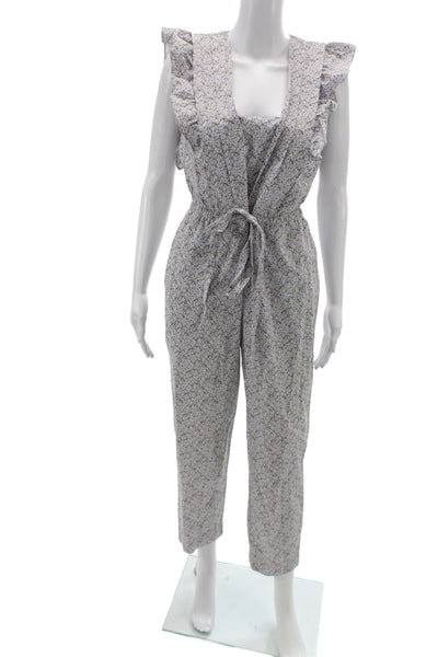 La Vie Women Jumpsuit Blue Floral Square Neck Sleeveless 100% Cotton Size XS