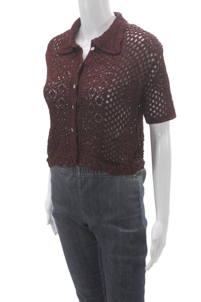 Zara Women Cropped Geometric Button-Up Short Sleeve Brown Size S