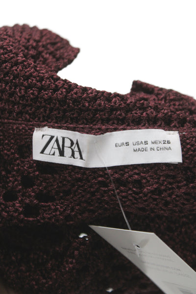 Zara Women Cropped Geometric Button-Up Short Sleeve Brown Size S