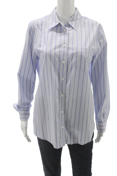 Equipment Femme Women Striped Cotton Button-Up Top Blue Long Sleeve Size M
