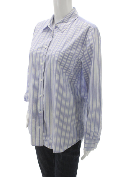 Equipment Femme Women Striped Cotton Button-Up Top Blue Long Sleeve Size M