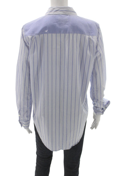 Equipment Femme Women Striped Cotton Button-Up Top Blue Long Sleeve Size M