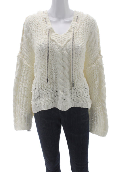Pol Women Pullover White V-Neck Long Sleeve Boho Size L