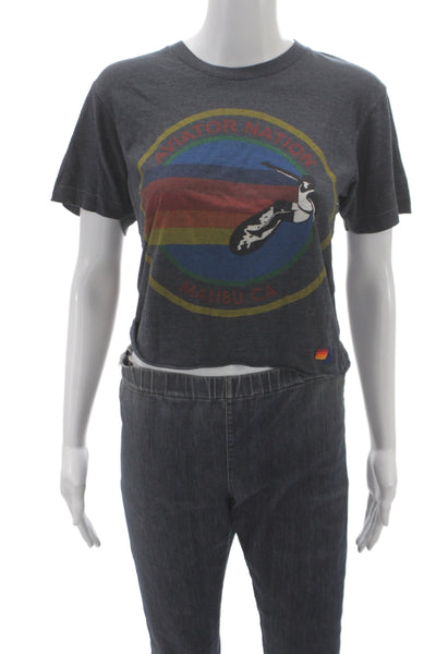 Aviator Nation Women Cropped Striped Gray T-Shirt Short Sleeve Crew Neck Size S