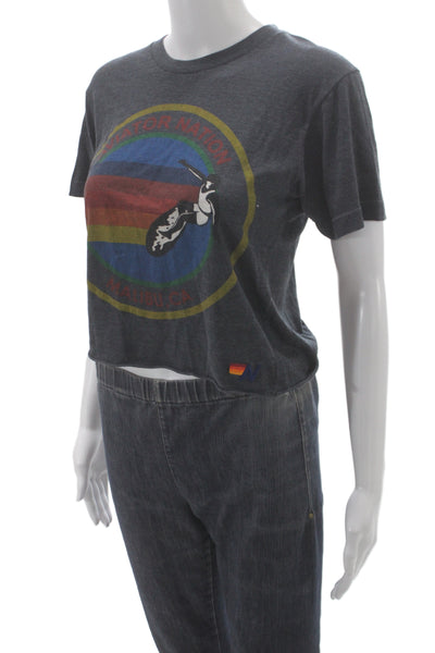 Aviator Nation Women Cropped Striped Gray T-Shirt Short Sleeve Crew Neck Size S