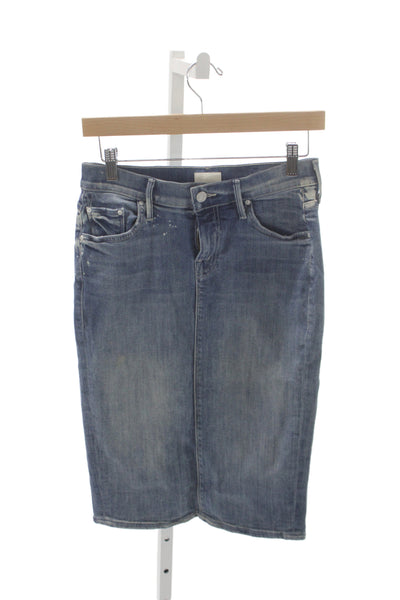 Mother Womens Straight Pencil Skirt Blue 98% Cotton Knee Length Button Size 25