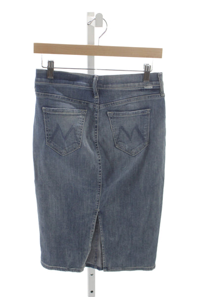 Mother Womens Straight Pencil Skirt Blue 98% Cotton Knee Length Button Size 25