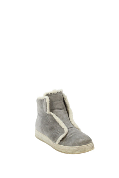 Prada Womens Suede Fuzzy Lined Wedge Heels Ankle Boots Shoes Gray Size 8.5